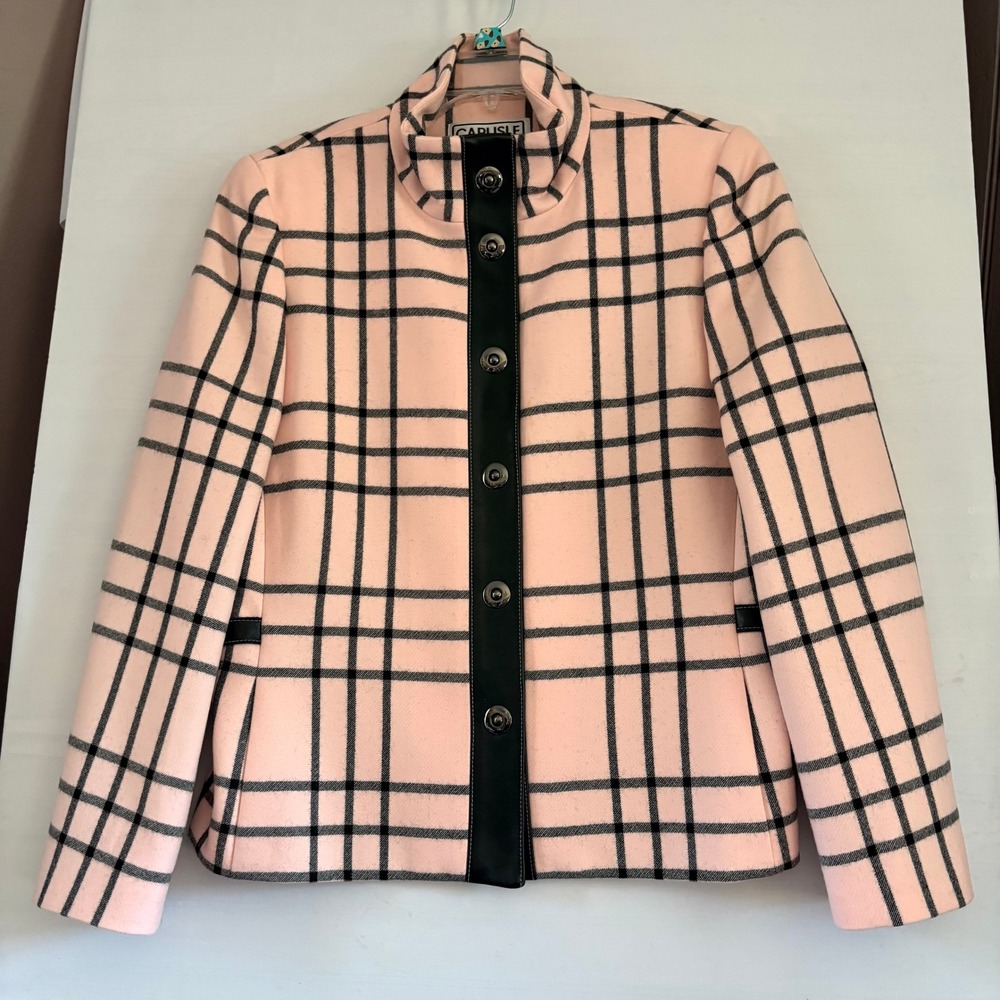 Carlisle Pink Black Plaid Wool Jacket Leather Trim Snap Front Funnel Neck 12